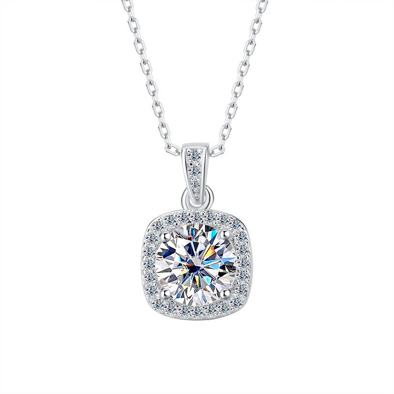 Cross-border hot selling S925Pure Silver Moissanite Square Pendant Necklace Light Luxury High-end Clavicle Chain Moissanite Pendant Wholesale