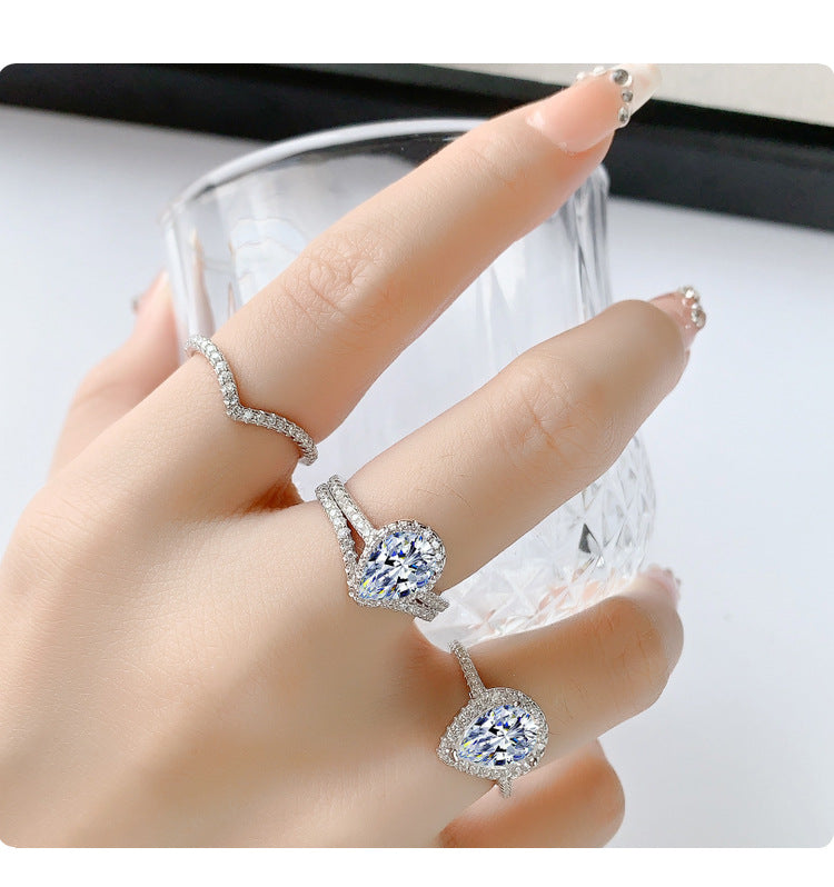 Exclusive for cross-border S925Sterling Silver Moissanite Water Drop Set Ring Luxury Inlaid Ring Women's Set European and American Fashion Stacking Women's Ring