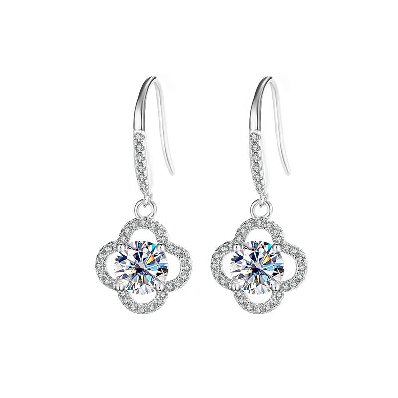 Cross-Border S925Sterling Silver Moissanite Four-Leaf Clover Ear Hooks Xiaohongshu Earrings Cluster Full Diamond Elegant Simple Women's Ear Jewelry