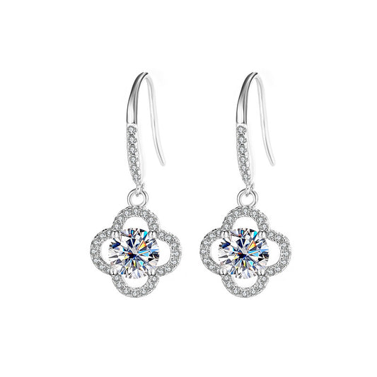 Cross-Border S925Sterling Silver Moissanite Four-Leaf Clover Ear Hooks Xiaohongshu Earrings Cluster Full Diamond Elegant Simple Women's Ear Jewelry