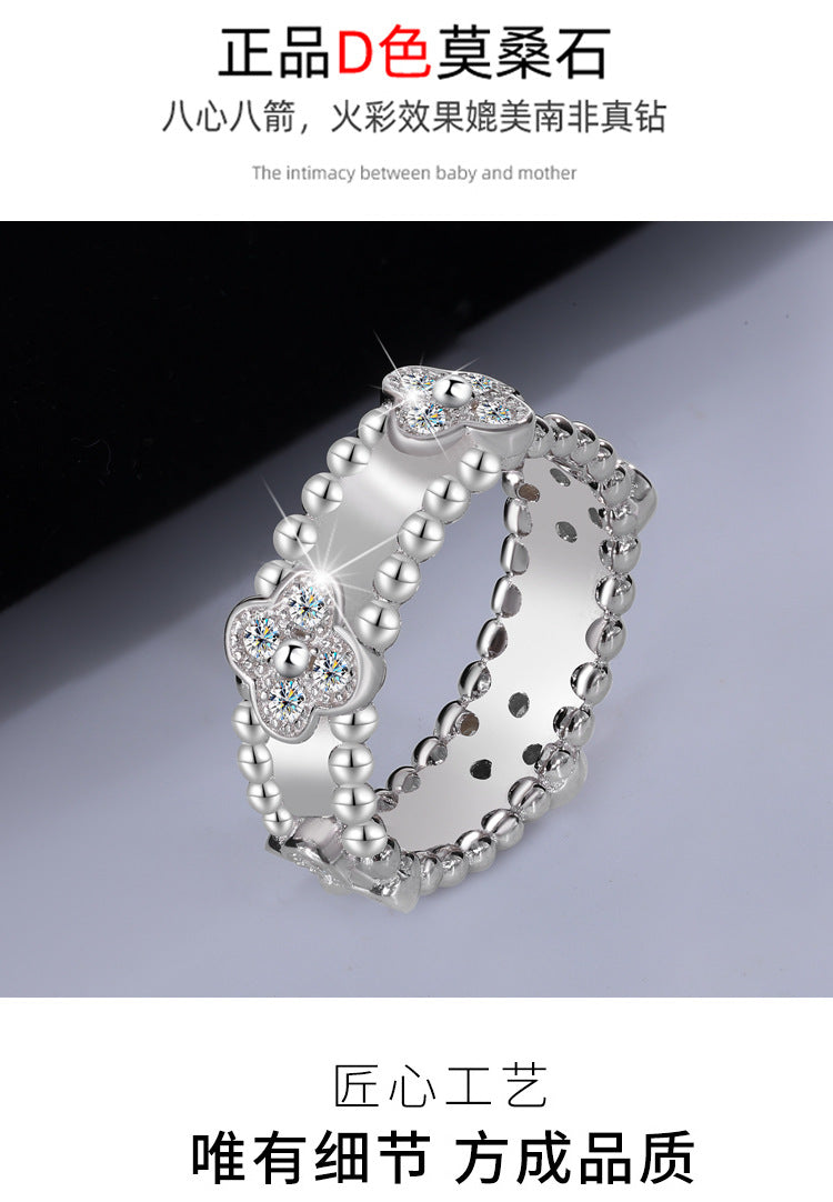 Cross-border hot selling S925Silver Full Diamond Moissanite Kaleidoscope Four-Leaf Clover Ring High-End Fashion Ring Factory Wholesale