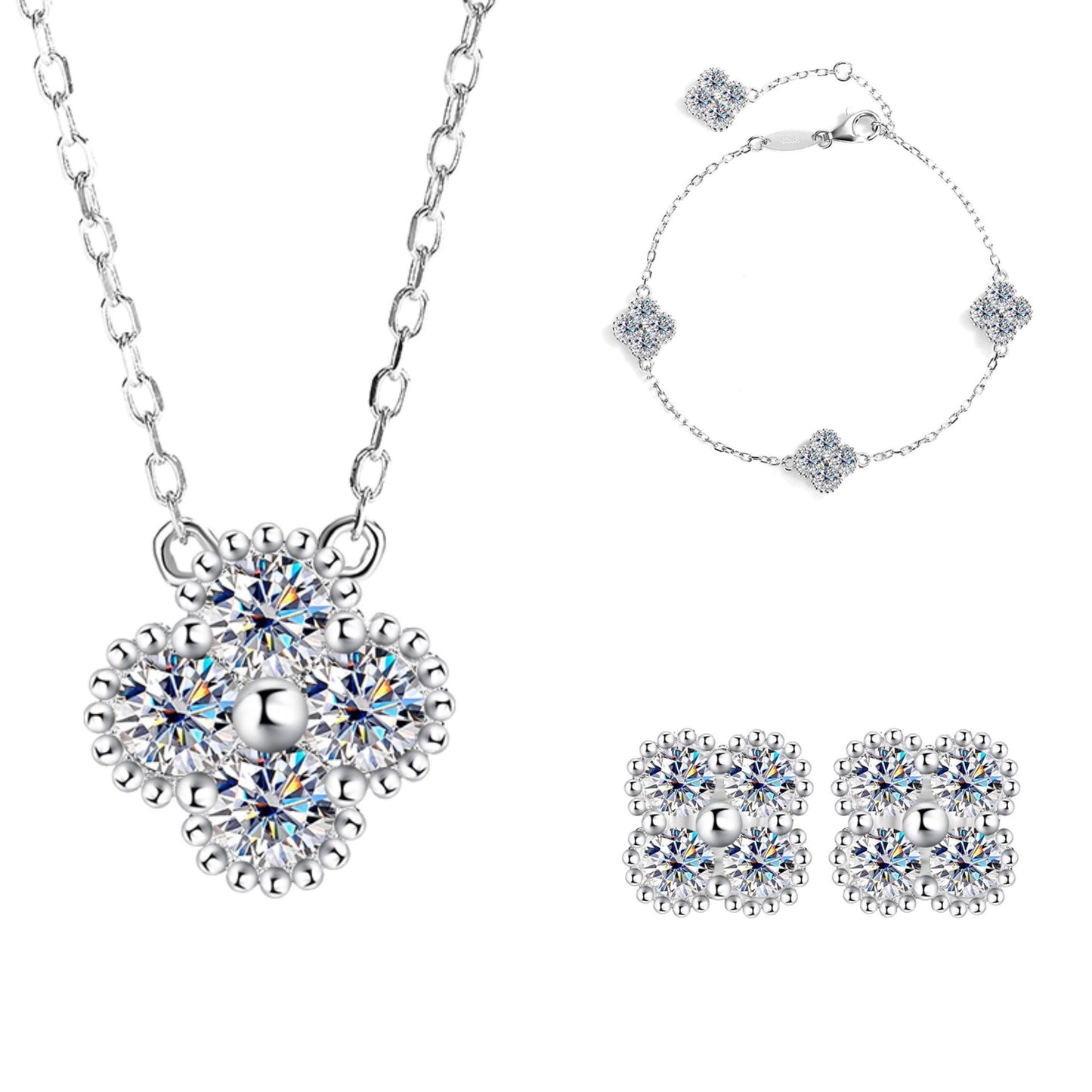 S925Sterling Silver Moissanite Four-Leaf Clover Three-Piece Set Bracelet Necklace Women's Earrings Multiple Styles TikTok Live Factory Wholesale