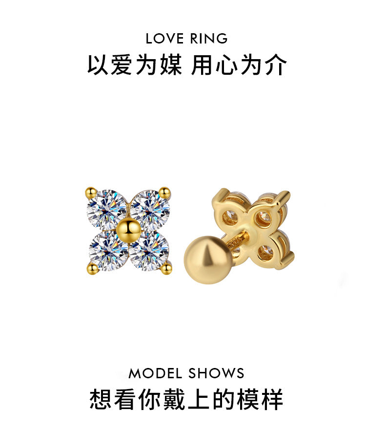 Exclusive for cross-border S925Sterling Silver Moissanite Four-Leaf Clover Screw Earrings High-End Jewelry Flower Full Diamond Factory Wholesale