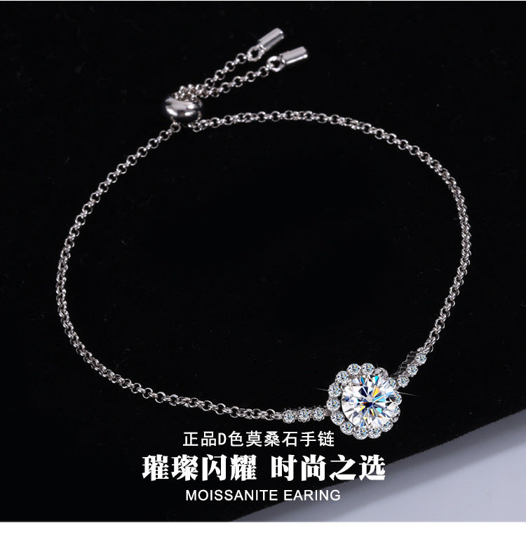 S925Sterling Silver Moissanite Round Bracelet Fashion Simple Small Daisy Bangle for Women Adjustable Size Factory Wholesale