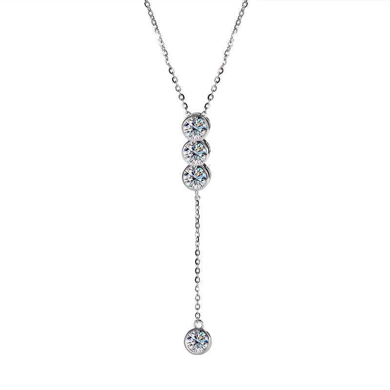 Cross-Border S925Pure Silver Tassel Necklace for Women with Moissanite Diamond Pendant, Simple and Luxurious Versatile Collarbone Chain, Wholesale from Manufacturer