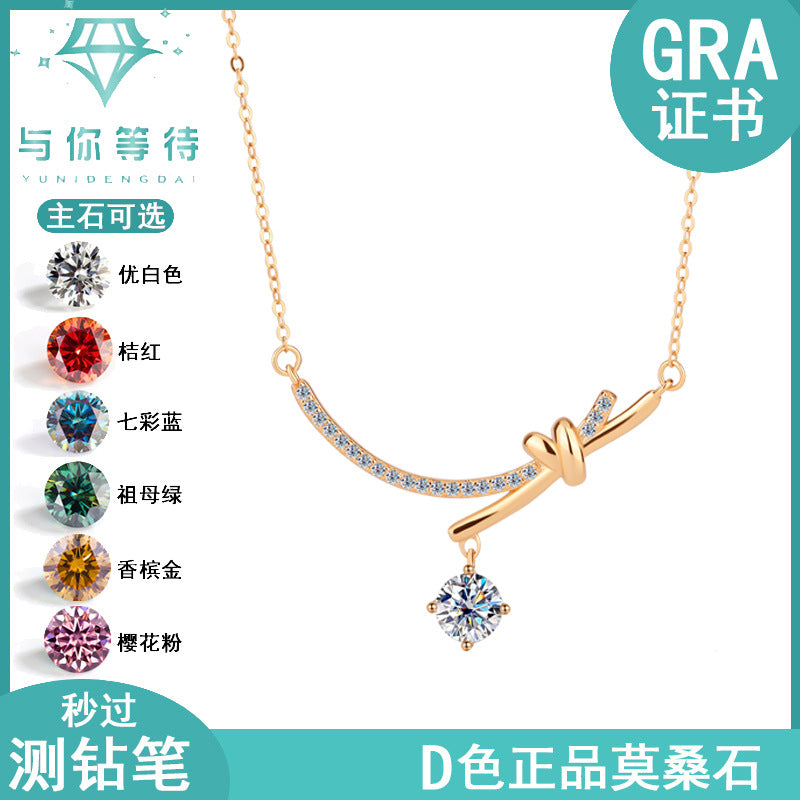 Amazon S925Silver Bowknot Smiley Moissanite Pendant Light Luxury High-end Feel Foreign Trade Collarbone Chain Factory Wholesale