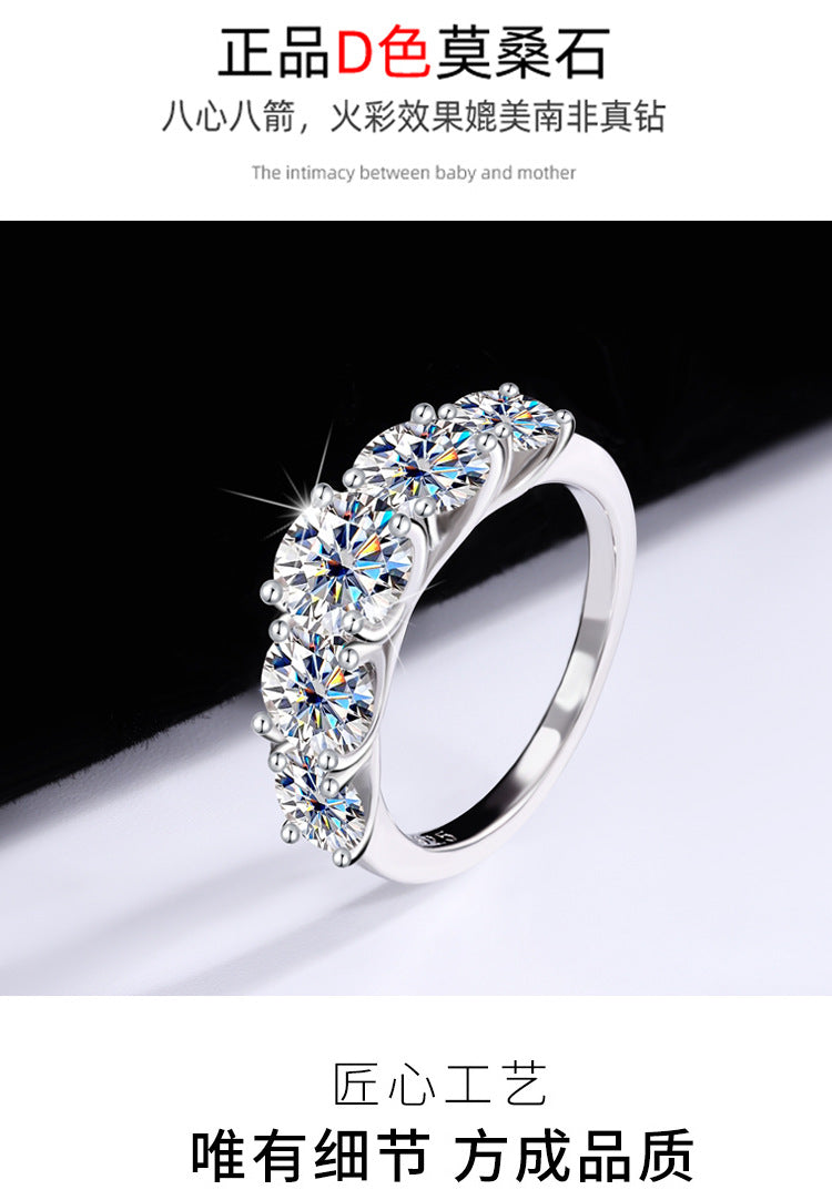 S925Silver D Genuine Moissanite Five-Star Radiance Ring for Women, Simulated Diamond Ring, Platinum-Plated Diamond Ring Wholesale
