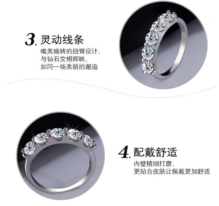 Cross-border foreign trade S925Silver Moissanite Five-Star Princess Row Ring Simple Fashion Moissanite Diamond Ring for Women Factory Wholesale
