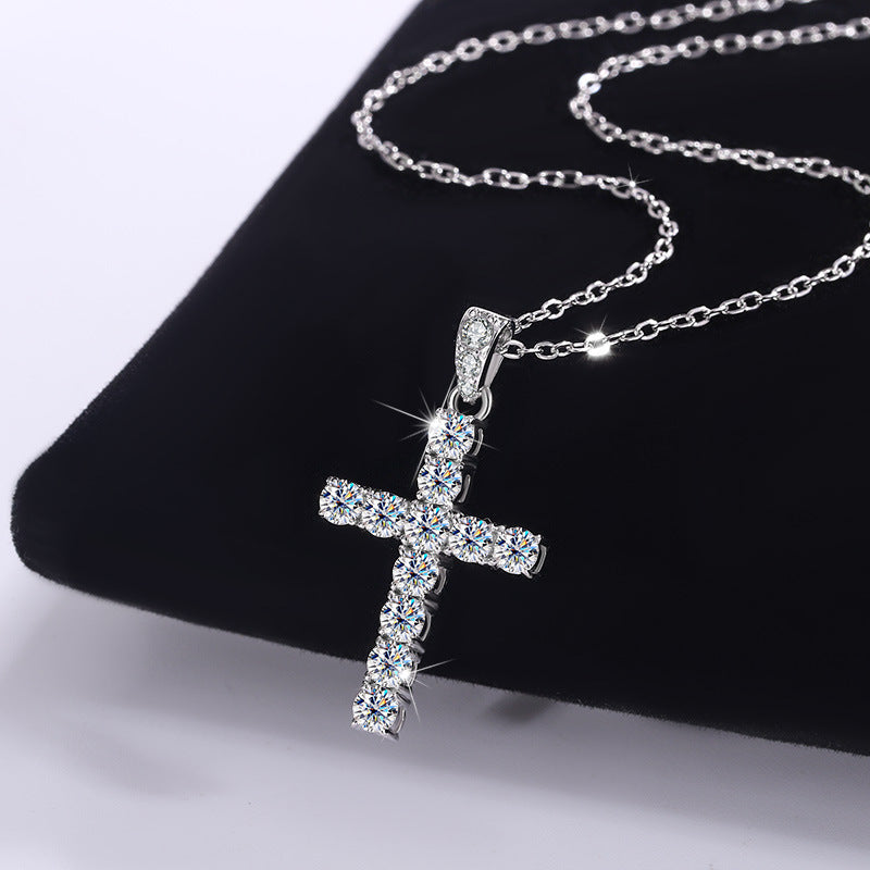 Exclusive for cross-border S925Sterling Silver Cross Necklace for Women with Moissanite Diamond Pendant, Popular Collarbone Chain for Live Streaming Wholesale