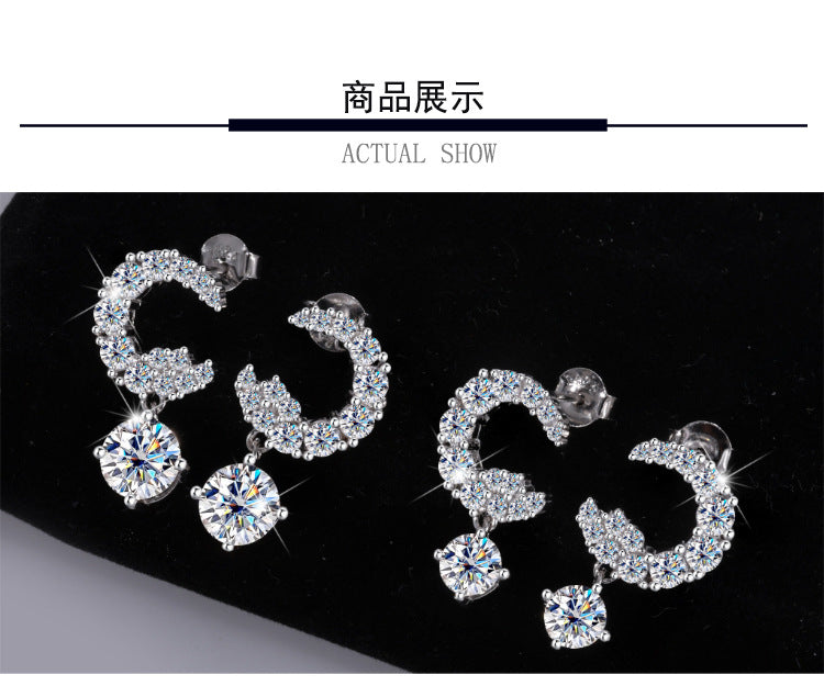 Best seller in europe and america S925Sterling Silver Moissanite Small Moon Earrings Simple Studs Inlaid with Diamonds Light Luxury Earrings Factory Wholesale