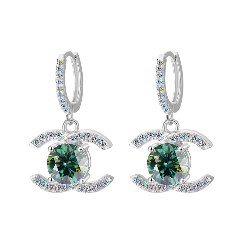Europe and America925Sterling Silver Double C Chanel Style Moissanite Earrings for Women, Korean and Japanese High-End Moissanite Earrings, Factory Wholesale