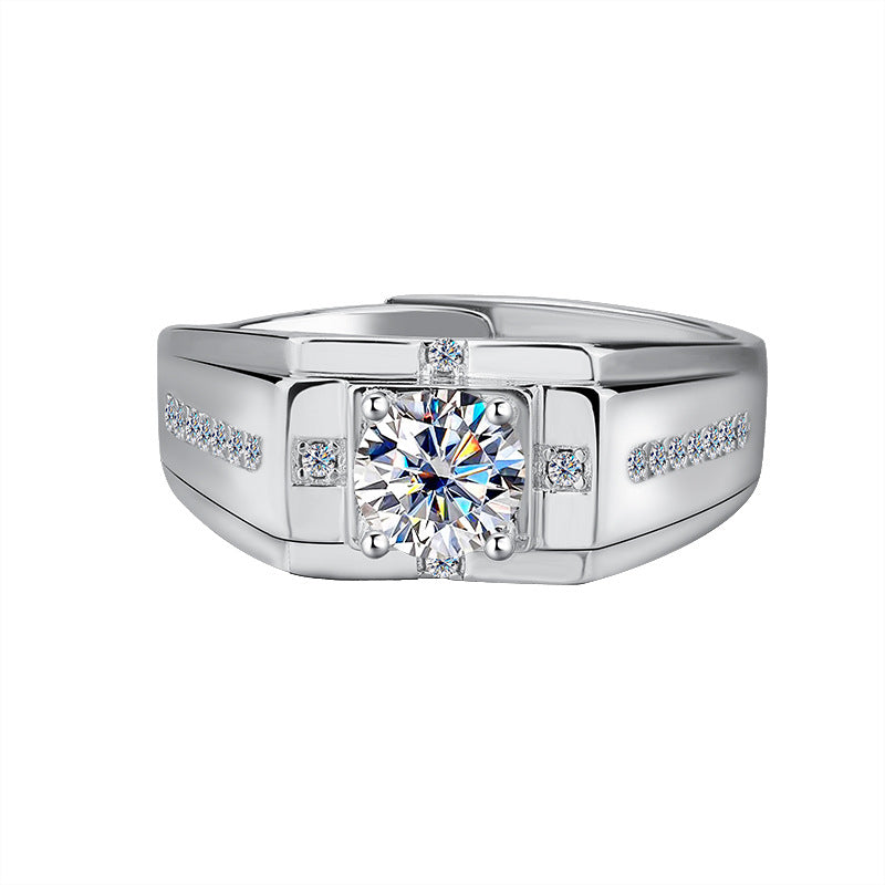 S925Sterling Silver Moissanite Ring Platinum Plated Knight Men's Ring One Carat Simple Elegant Men's Wedding Ring Factory Wholesale