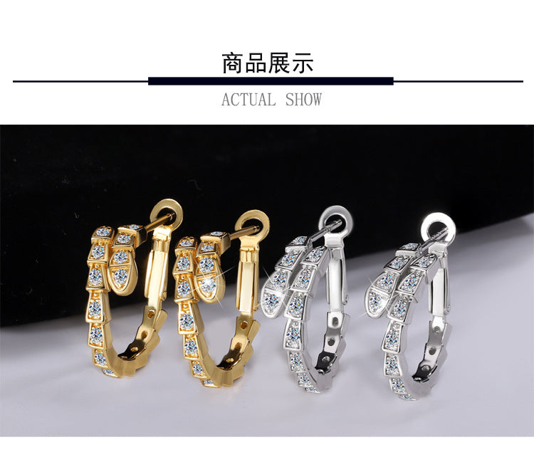 Cross-Border Europe and America S925Pure Silver Full Moissanite Full Diamond Snake-shaped Earrings Female Moissanite Stone fashion High-end Sense Factory Wholesale
