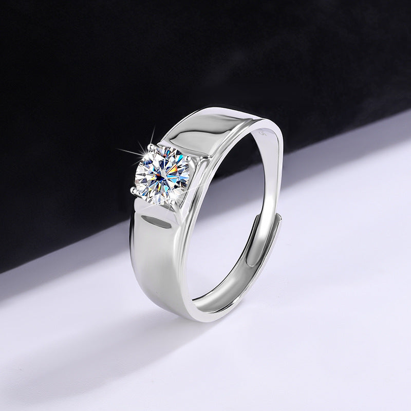 Authentic D Moissanite Ring for Men, Pure Silver, One Carat, Personalized Classic Simple Men's Ring, Smooth Surface Diamond Ring Wholesale