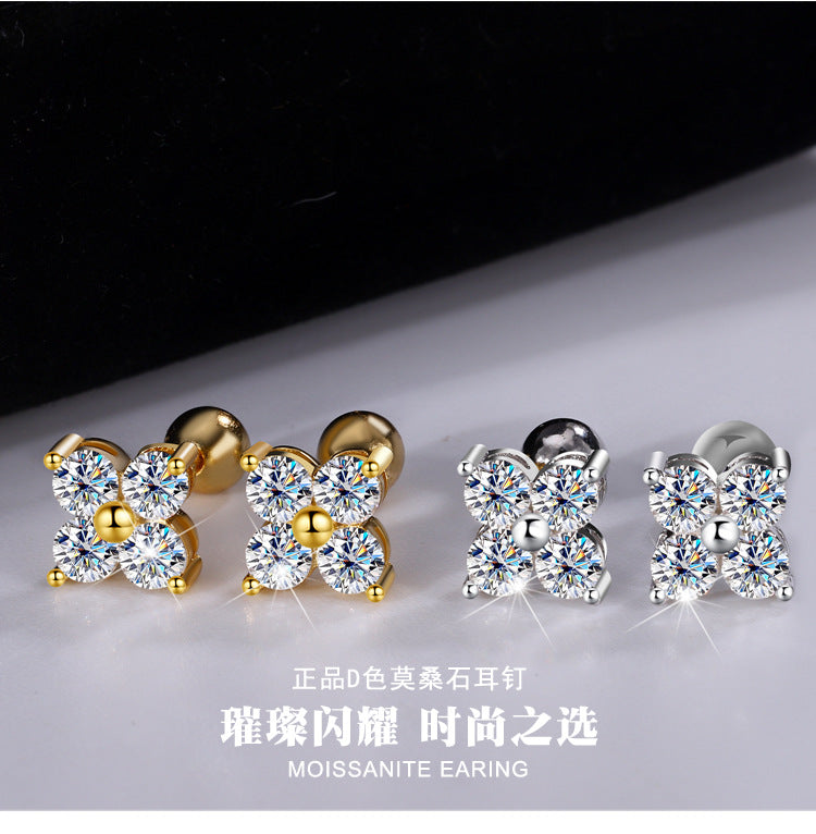 Exclusive for cross-border S925Sterling Silver Moissanite Four-Leaf Clover Screw Earrings High-End Jewelry Flower Full Diamond Factory Wholesale