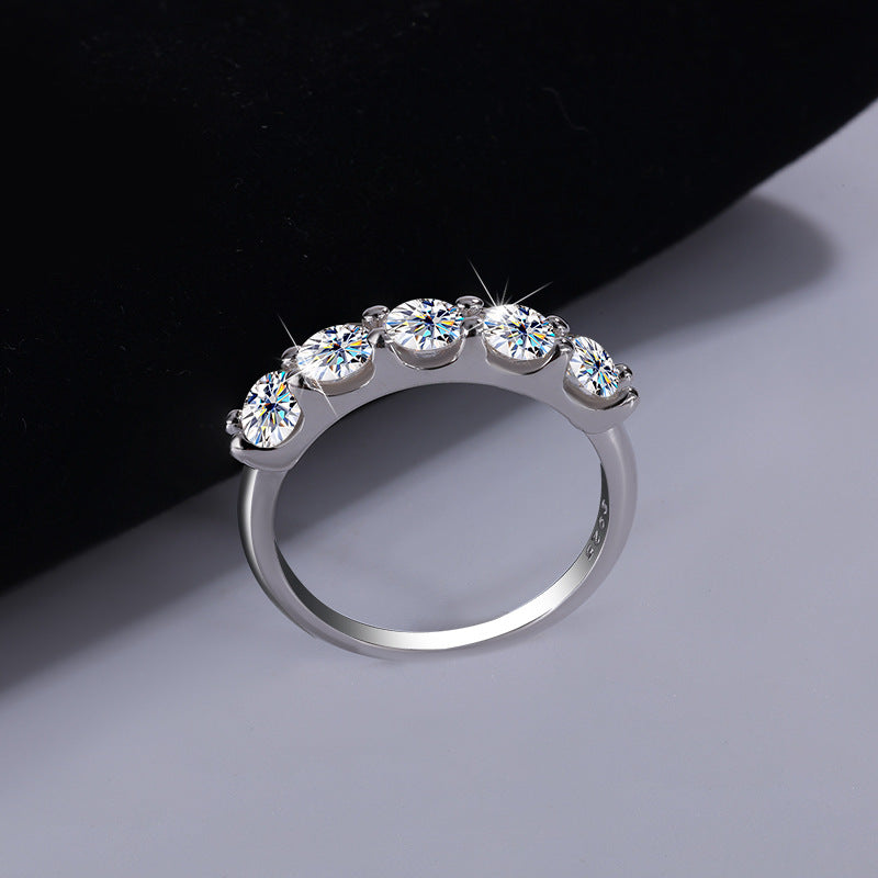 Cross-border foreign trade S925Silver Moissanite Five-Star Princess Row Ring Simple Fashion Moissanite Diamond Ring for Women Factory Wholesale