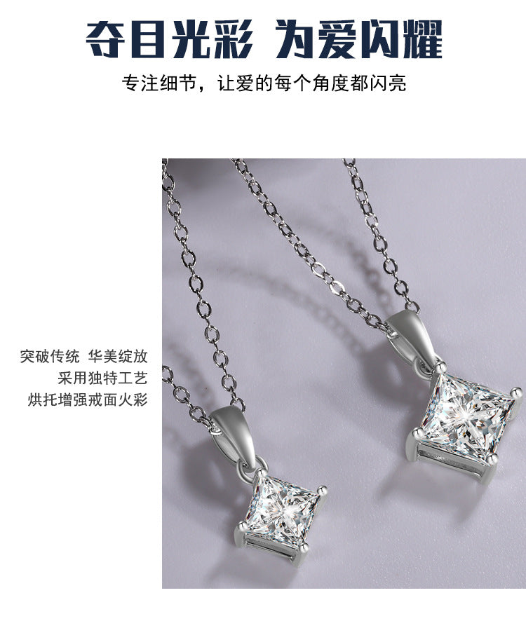 Cross-border hot selling S925Sterling Silver Princess Cut Moissanite Pendant Necklace for Women Collarbone Chain Pendant Valentine's Day Gift