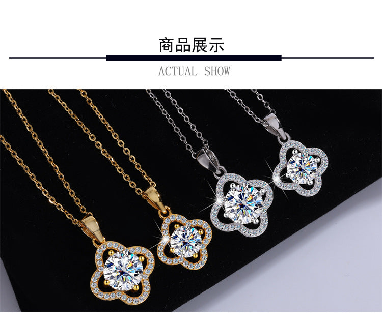 S925Pure Silver Moissanite Flower Necklace Four-Leaf Clover Pendant Light Luxury High-End Moissanite Collarbone Chain Factory Wholesale
