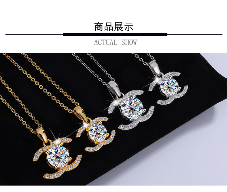 Europe and america cross border S925Pure Silver Moissanite Double C Pendant Chanel Style Elegant Versatile Full Diamond Necklace Factory Wholesale