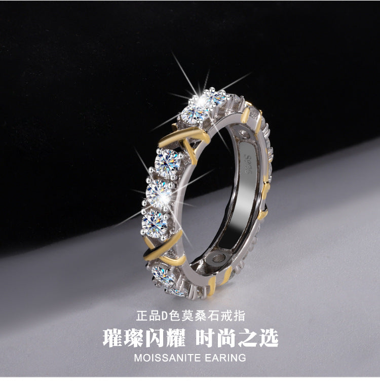 Cross-Border S925Sterling Silver Classic Cross Two-tone Row Ring Moissanite Diamond Ring Moissanite Diamond Ring Female Factory Wholesale