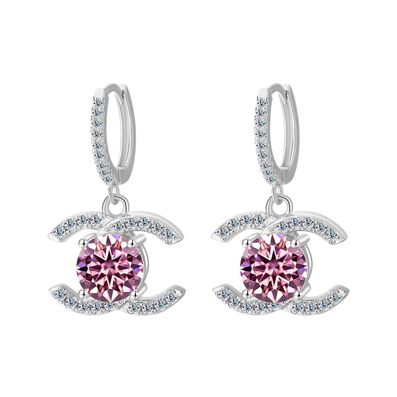 Europe and America925Sterling Silver Double C Chanel Style Moissanite Earrings for Women, Korean and Japanese High-End Moissanite Earrings, Factory Wholesale