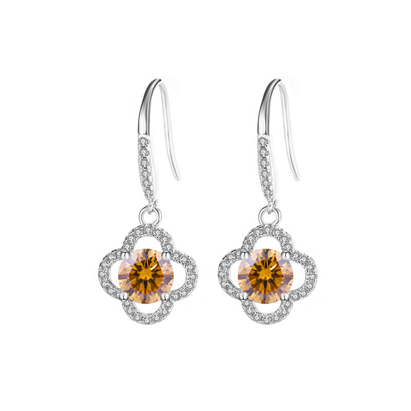 Cross-Border S925Sterling Silver Moissanite Four-Leaf Clover Ear Hooks Xiaohongshu Earrings Cluster Full Diamond Elegant Simple Women's Ear Jewelry
