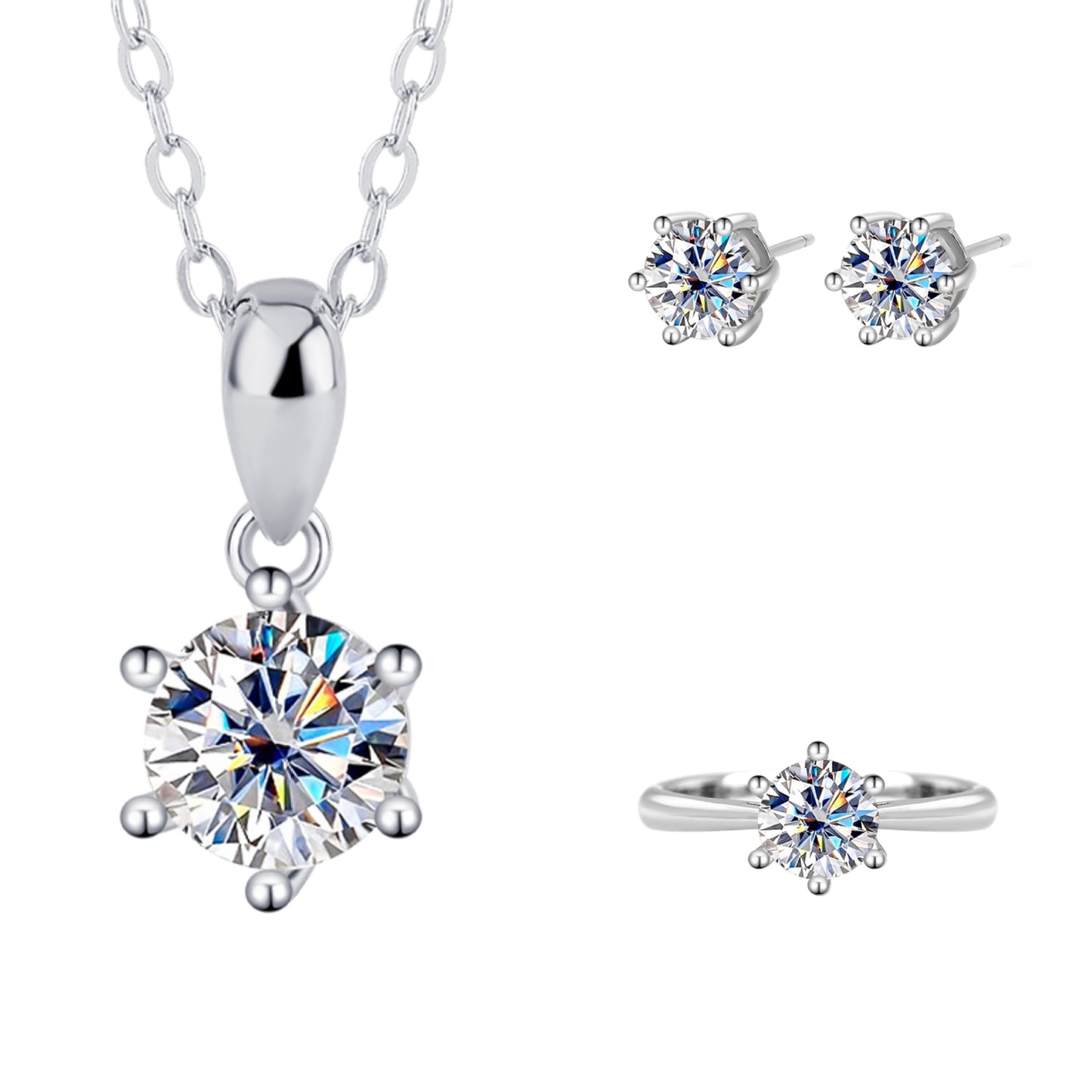 S925Sterling Silver Moissanite Classic Six-Prong Three-Piece Set Women's Ring Necklace Women's Earrings TikTok Live Factory Wholesale