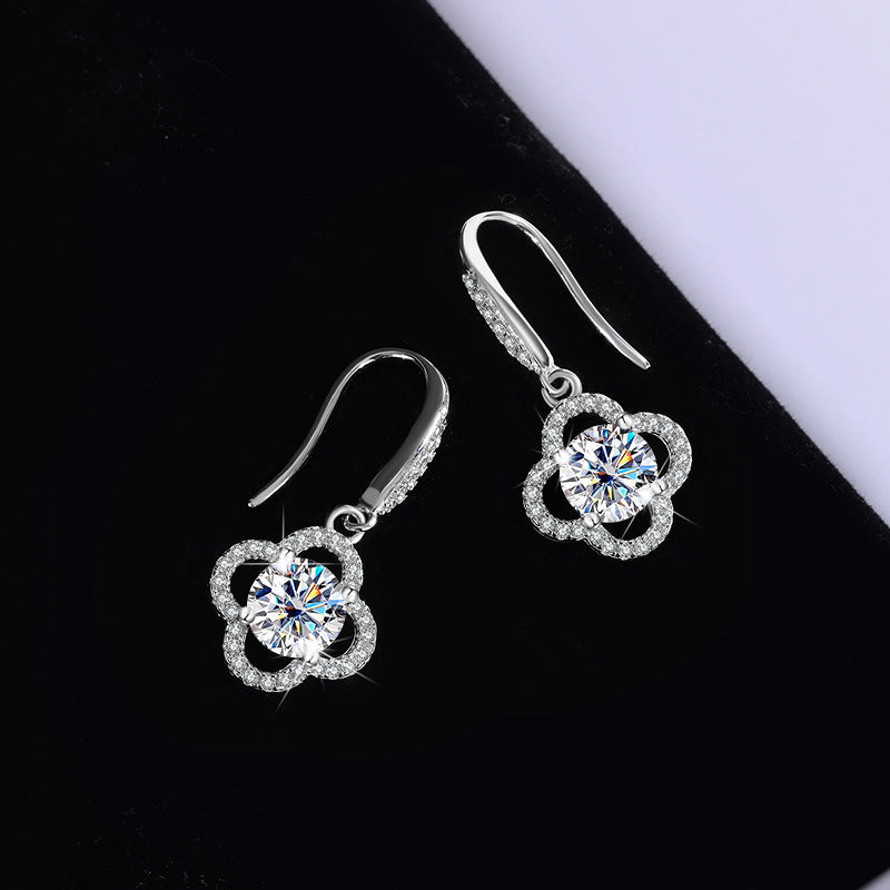 Cross-Border S925Sterling Silver Moissanite Four-Leaf Clover Ear Hooks Xiaohongshu Earrings Cluster Full Diamond Elegant Simple Women's Ear Jewelry