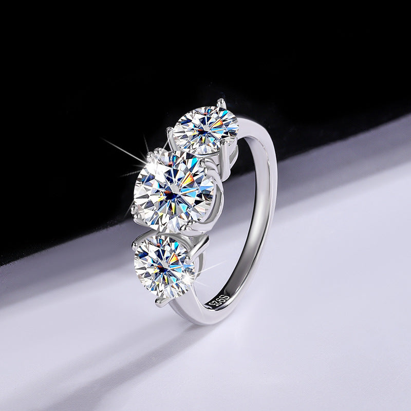 Cross-Border Europe and America S925Silver Moissanite Three Lives Stone4Carat Ring Fashion Light Luxury Style Women's Wedding Ring Wholesale