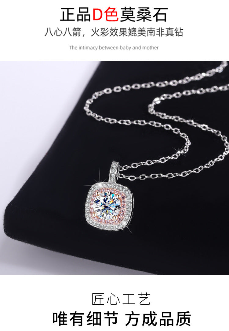 Exclusive for cross-border S925Sterling Silver Square Pendant Necklace for Women with Micro Pave Moissanite Diamond Pendant Clavicle Chain Wholesale for Live Streaming