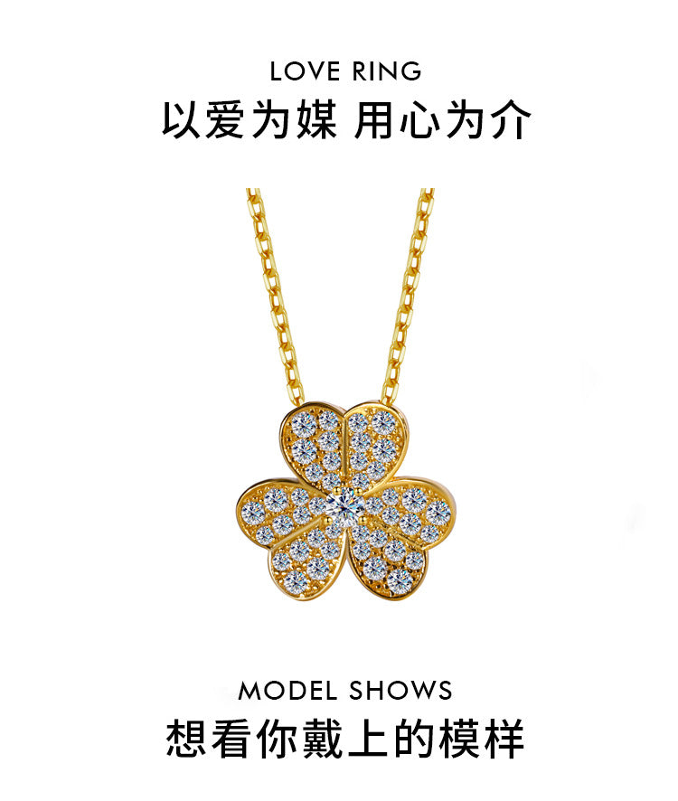 Cross-Border S925Sterling Silver Three-Petal Flower Necklace for Women, Moissanite Full Diamond Clover Floral Necklace, Qixi Valentine's Day Gift Direct Sale