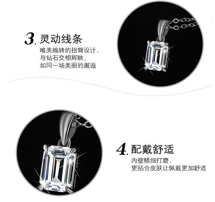Cross-border new arrival S925Pure Silver Moissanite Diamond Light Luxury High-End Feel Emerald Cut Rectangular Pendant Collarbone Chain Wholesale