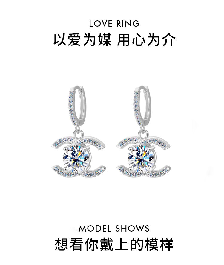 Europe and America925Sterling Silver Double C Chanel Style Moissanite Earrings for Women, Korean and Japanese High-End Moissanite Earrings, Factory Wholesale