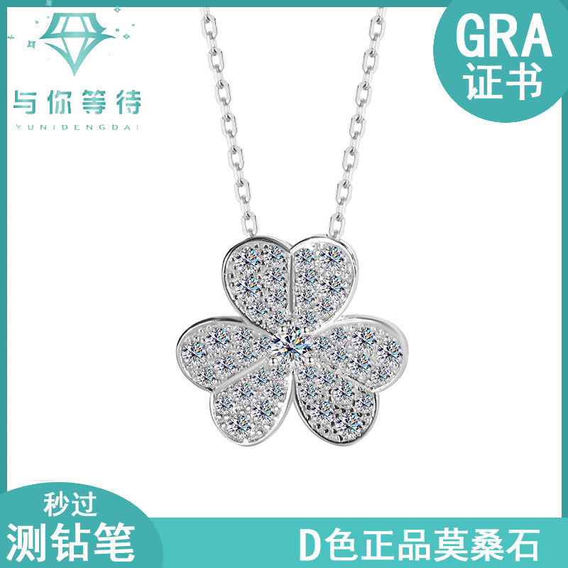 Exclusive for cross-border S925Pure Silver Lucky Moissanite Full Diamond Clover Necklace for Women Three-Petal Flower Simple Collarbone Chain Wholesale