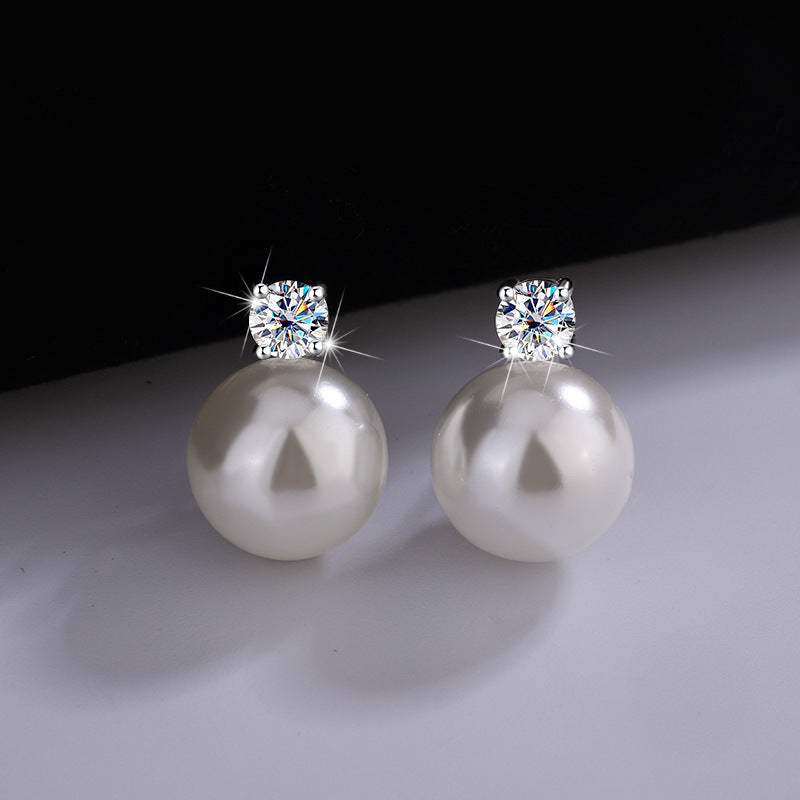 Cross-Border S925Silver Four-Prong Moissanite Inlaid Pearl Earrings Pearl Jewelry Internet Celebrity Fashion Versatile Earrings for Women