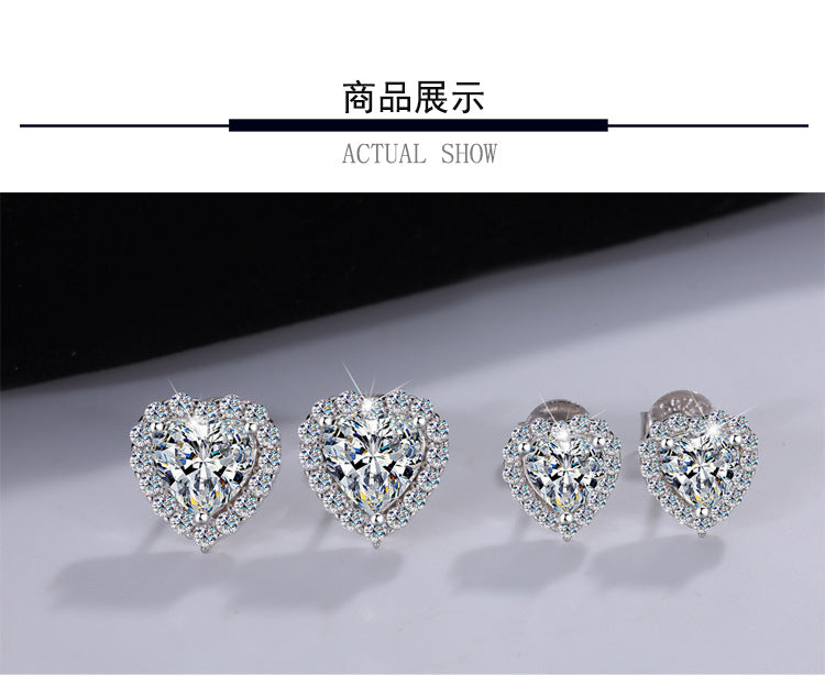 Cross-Border S925Sterling Silver Heart Stud Earrings Heart-Shaped Moissanite Simple Earrings Fashionable High-End Earrings Manufacturer Wholesale