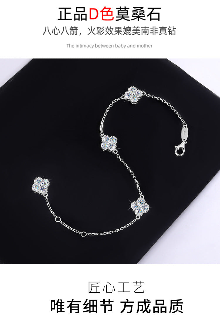 S925Silver Moissanite Four-Leaf Clover Bracelet Moissanite Simple Women's Bracelet TikTok Kuaishou Live Streaming Factory Direct Sale