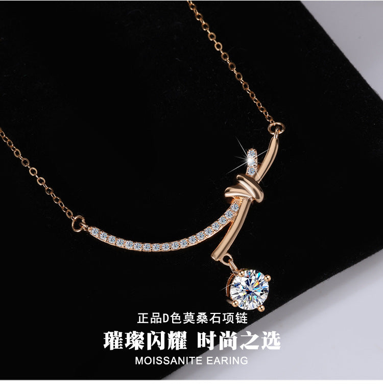 Amazon S925Silver Bowknot Smiley Moissanite Pendant Light Luxury High-end Feel Foreign Trade Collarbone Chain Factory Wholesale