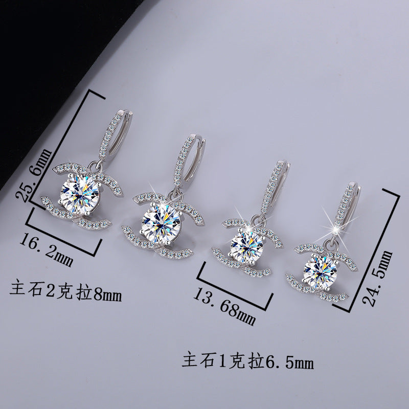 Europe and America925Sterling Silver Double C Chanel Style Moissanite Earrings for Women, Korean and Japanese High-End Moissanite Earrings, Factory Wholesale