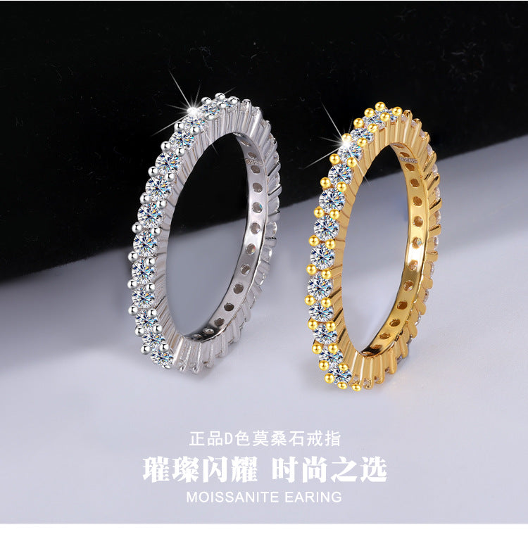 Europe and america cross border S925Pure Silver Full Diamond Moissanite Ring for Women, Simple Double Stacked Band, High-End Women's Ring Wholesale