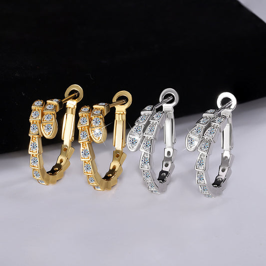 S925Pure Silver Full Moissanite Snake-Shaped Earrings for Women, Moissanite Stone, Light Luxury Fashion, High-End Feel, Ear Clips, Factory Wholesale