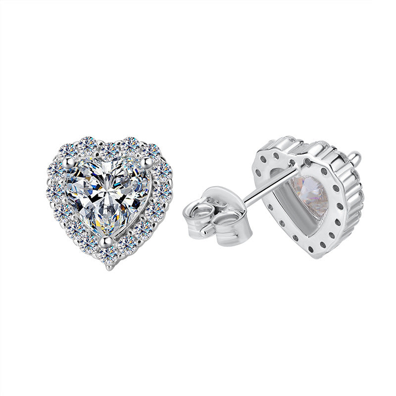 Cross-Border S925Sterling Silver Heart Stud Earrings Heart-Shaped Moissanite Simple Earrings Fashionable High-End Earrings Manufacturer Wholesale