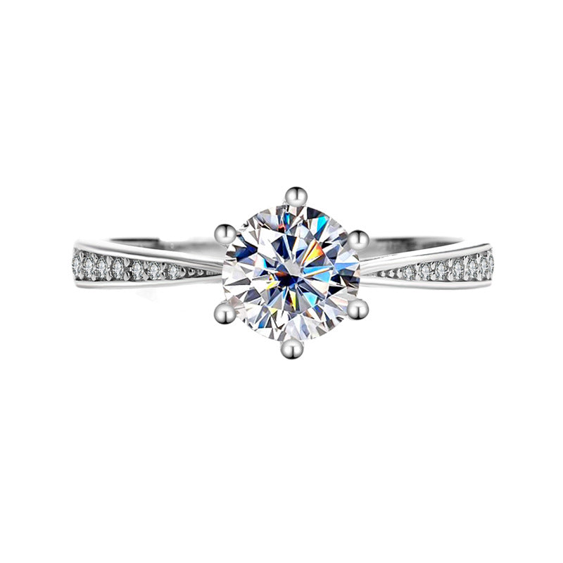 s925Sterling Silver Moissanite Korean Style Six-Prong Ring Women's Ring Six-Prong Classic Crown Proposal Ring Manufacturer Wholesale