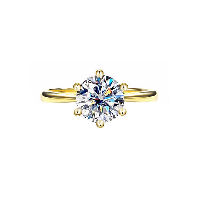 Cross-Border925Sterling Silver Plated Ring18K Golden Classic Six-Claw Moissanite Ring for Women Crown Proposal Ring Wholesale