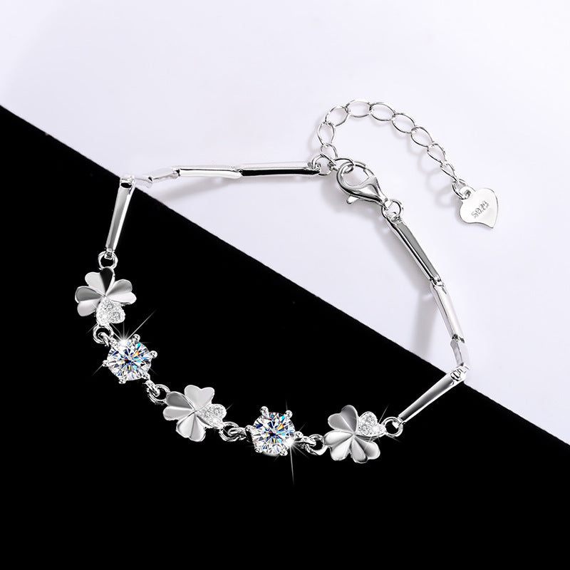 New S925Sterling Silver Moissanite Four-Leaf Clover Bracelet Fashion Women's Bracelet TikTok Kuaishou Live Streaming Factory Direct Sale