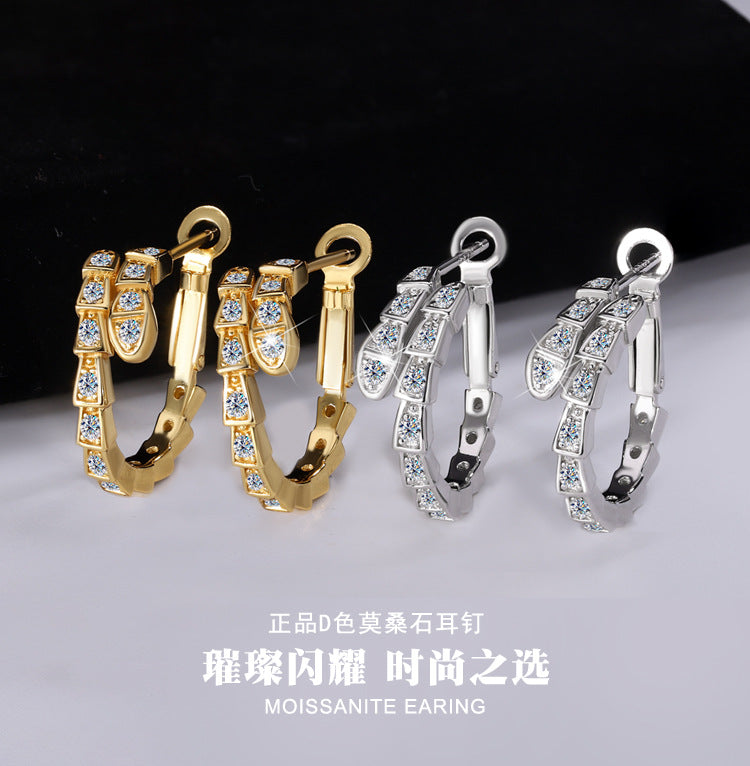 Cross-Border Europe and America S925Pure Silver Full Moissanite Full Diamond Snake-shaped Earrings Female Moissanite Stone fashion High-end Sense Factory Wholesale