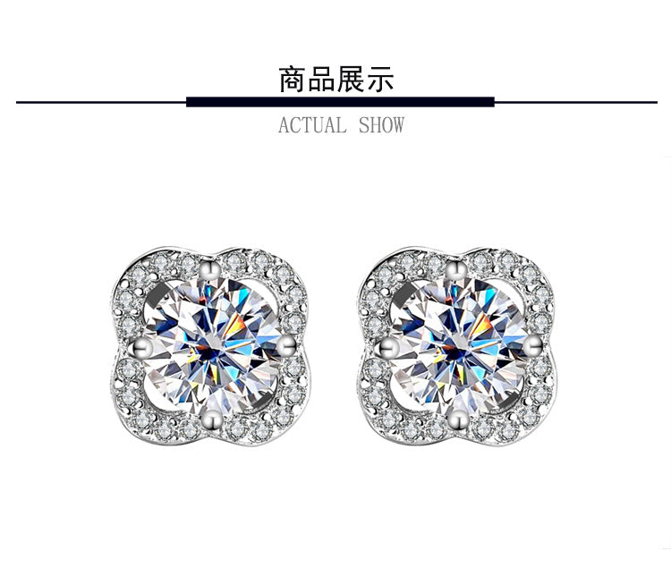S925Pure Silver Moissanite Four-Leaf Clover Original High-End Earrings Cluster Full Diamond Elegant Simple Women's Earrings Wholesale