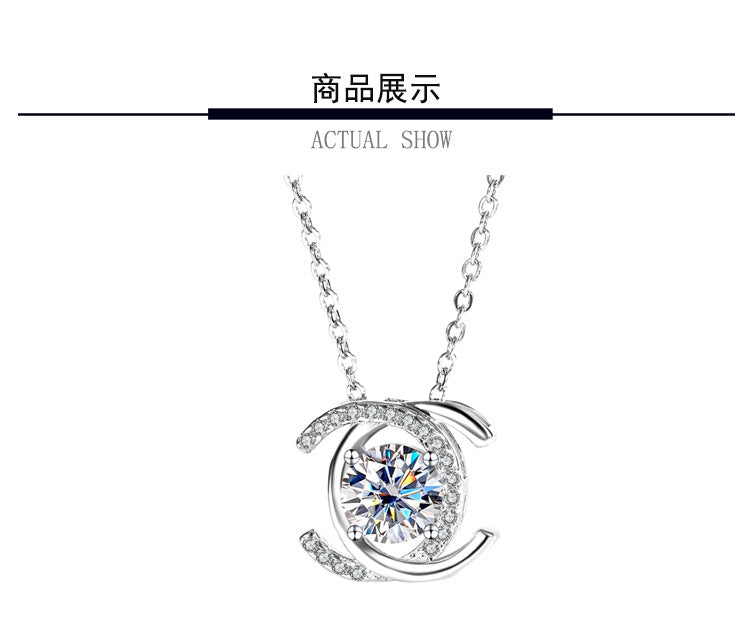 S925Sterling Silver Double C Xiaoxiangjia Necklace Moissanite Diamond Pendant Single Diamond Simple Luxury Versatile Collarbone Chain Wholesale