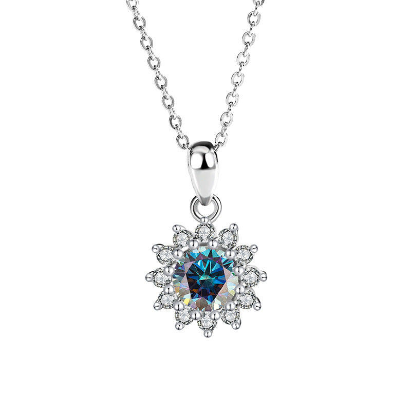Genuine Moissanite Necklace for Women, Pure Silver Sunflower Diamond Pendant, Women's Light Luxury Versatile Collarbone Chain, Birthday Gift
