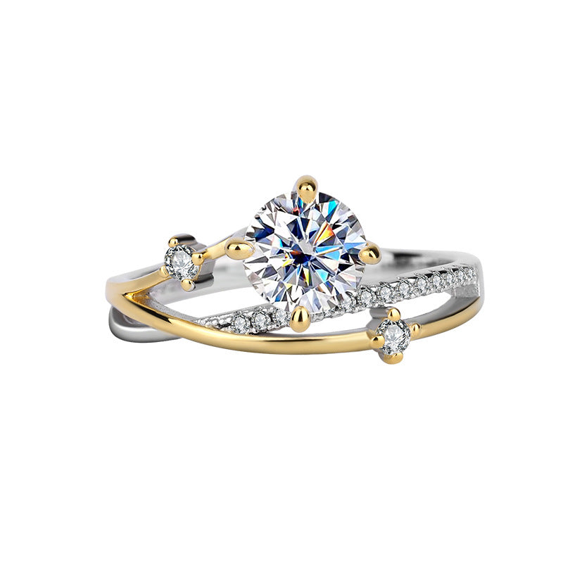 New One Carat Four-Prong Inlaid Sterling Silver Gold Color-Blocked Moissanite Simulated Diamond Women's Ring Direct Sale